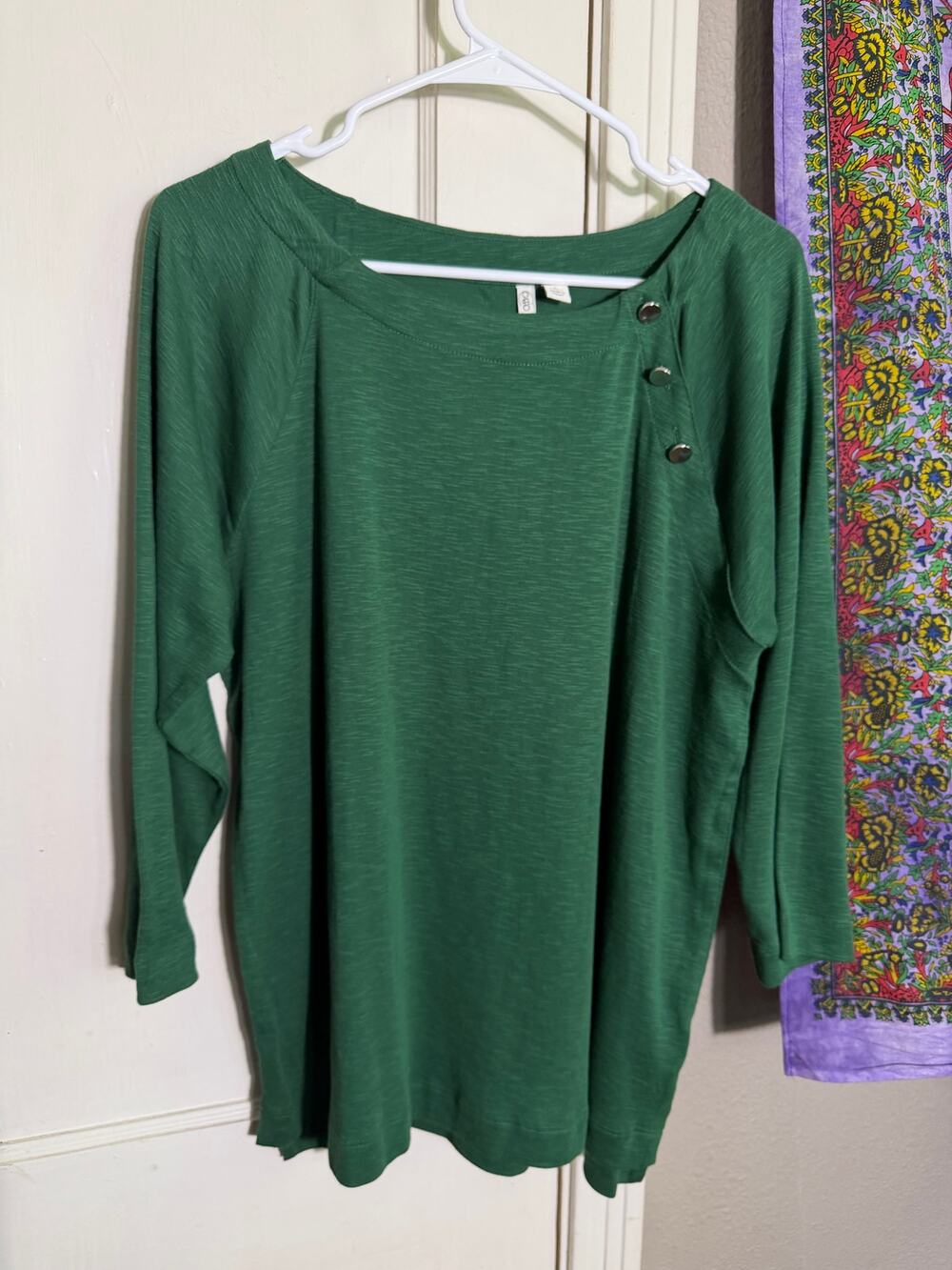 Cato Green Tunic Top Asymmetrical Button Neck 3/4 Sleeve Slub Knit - XL